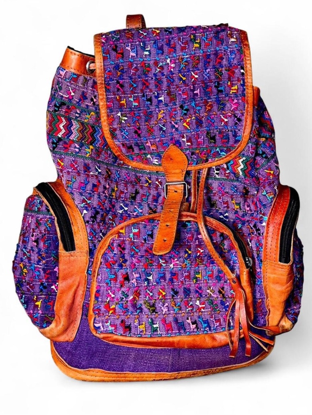 Vintage Guatemalan Huipil Leather Backpack Purple Boho Llama Artisan